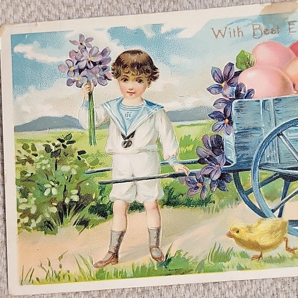 1909 Vintage Easter Postcard with Boy and Cart